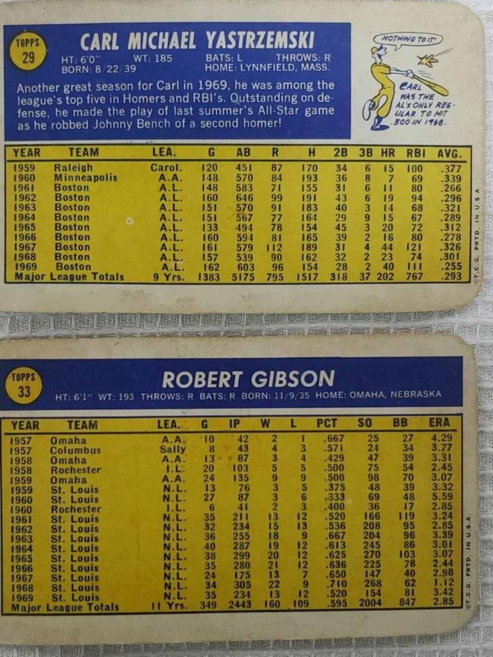 LOT OF 2 1970 TOPPS SUPER CARL YASTRZEMSKI #29 BOB GIBSON #33 HOF